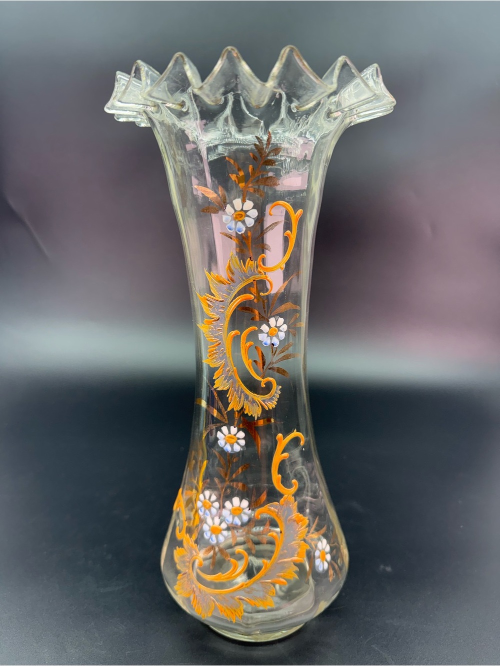 Antique Moser Handblown 
Handpainted Art Glass Fluted Vase
